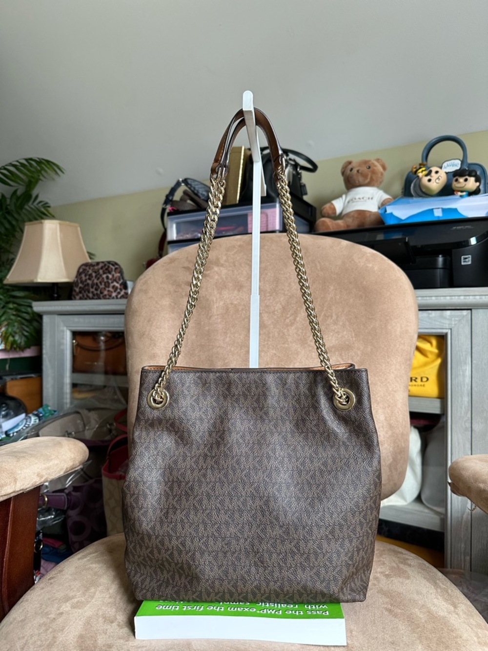 Michael Kors Jet Set Logo Chain Shoulder Bag Brown Coated Canvas Good Condition - Picture 2 of 15